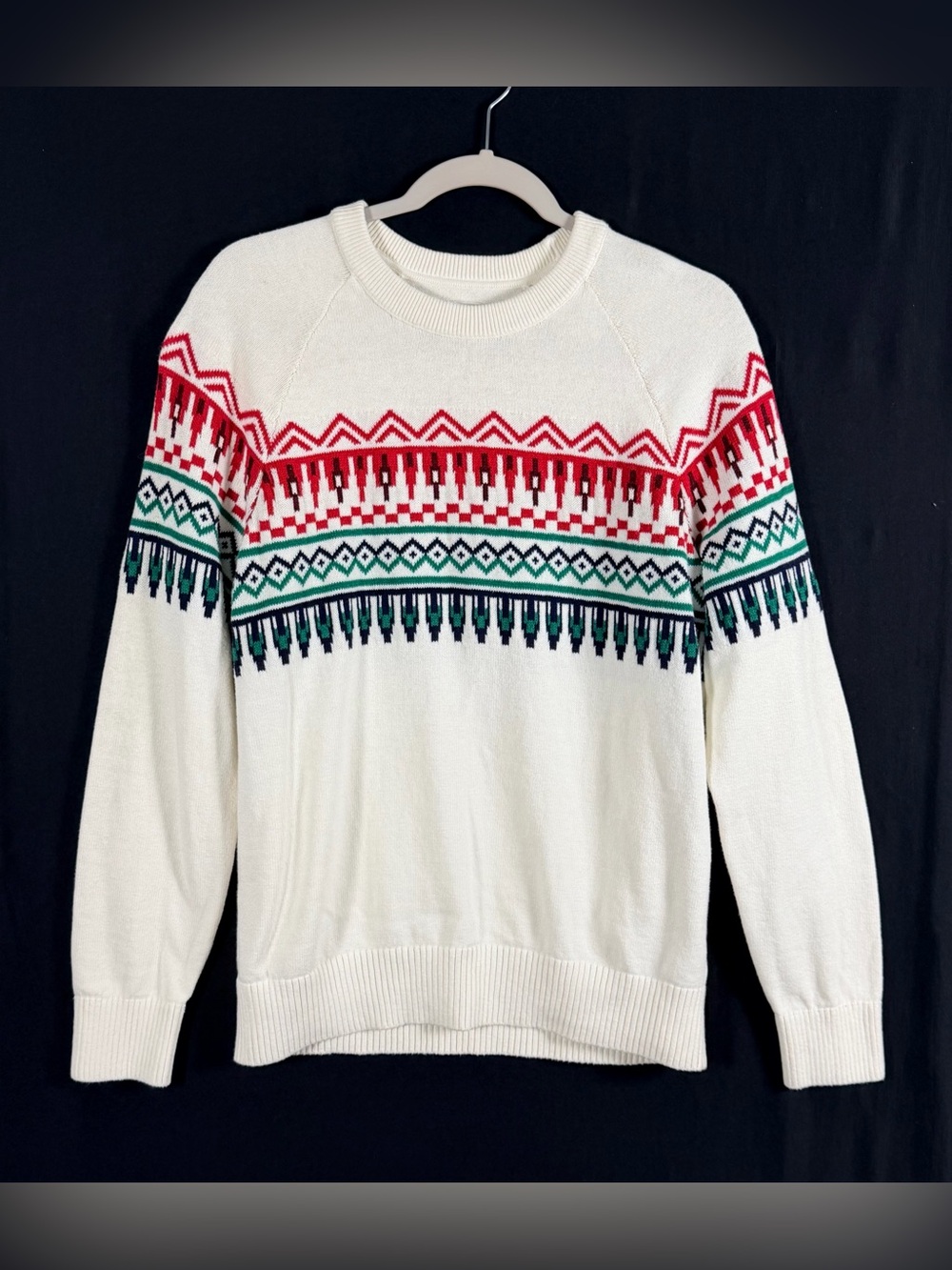 GAP Sweater Men’s S Ivory Crewneck Sweater with Red and Green Fair Isle Pattern